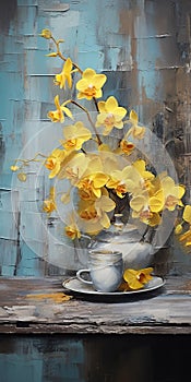 Charming Vignettes: Yellow Orchids In A Cup And Mug Oil Painting