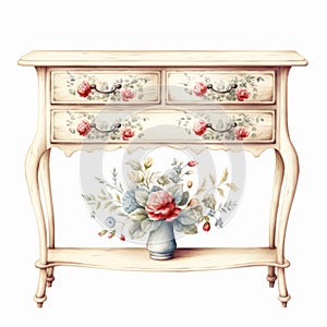 Charming Vintage Console With Romantic Illustration And Mismatched Patterns