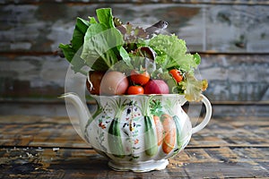 Vibrant Vegetables in a Decorative Teapot