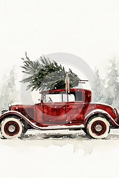 Vintage Red Car with Christmas Tree in Watercolor Style photo