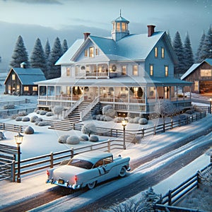 Charming Vintage Winter Scene White Country Farmhouse Old Home House Canada AI Generated