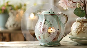 A charming vintageinspired candle warmer with a floral motif and a delicate handle evoking a sense of nostalgia and