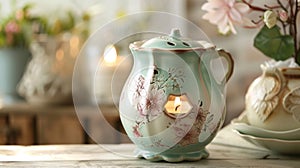 A charming vintageinspired candle warmer with a floral motif and a delicate handle evoking a sense of nostalgia and photo