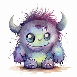 Charming watercolor baby monster with big eyes