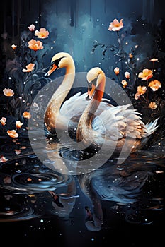 A charming watercolor depiction captures the grace and love of a cute pair of swans