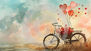 Vintage Bicycle Romance: Roses and Heart-Shaped Balloons