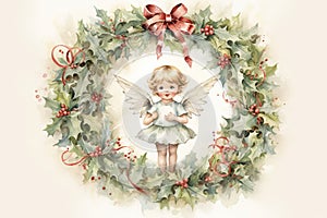 Charming watercolor illustration with angel of a vintage Christmas wreath with muted, pastel-colored ornaments