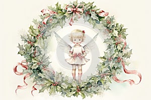 Charming watercolor illustration with angel of a vintage Christmas wreath with muted, pastel-colored ornaments