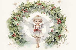 Charming watercolor illustration with angel of a vintage Christmas wreath with muted, pastel-colored ornaments