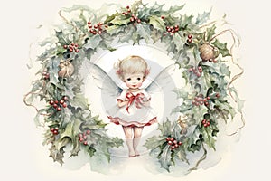 Charming watercolor illustration with angel of a vintage Christmas wreath with muted, pastel-colored ornaments
