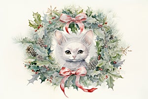 Charming watercolor illustration with cat of a vintage Christmas wreath with muted, pastel-colored ornaments