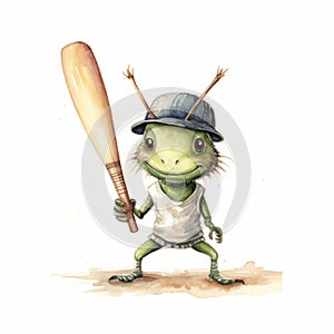 Charming Watercolor Illustration Of A Cute Cricket With Baseball Bat