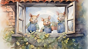 Charming Watercolor Illustration Three Pigs Peeking Out Of Window