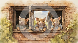 Charming Watercolor Illustration: Tragedy Of The Three Little Pigs