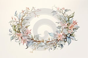 Charming watercolor illustration of a vintage Christmas wreath with muted, pastel-colored ornaments