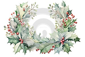 Charming watercolor illustration of a vintage Christmas wreath with muted, pastel-colored ornaments