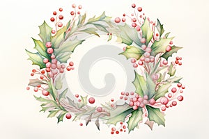 Charming watercolor illustration of a vintage Christmas wreath with muted, pastel-colored ornaments