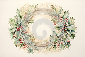 Charming watercolor illustration of a vintage Christmas wreath with muted, pastel-colored ornaments