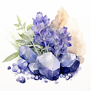 Charming Watercolor Lupine Plants And Crystals On White Background