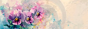 Charming watercolor of pansies against a pastel background, adding a pop of color. Generative AI