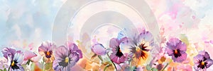 Charming watercolor of pansies against a pastel background, adding a pop of color. Generative AI