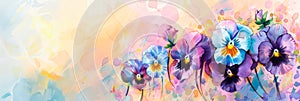Charming watercolor of pansies against a pastel background, adding a pop of color. Generative AI