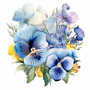 Charming Watercolor Pansy Bouquet Illustration In Blue And Yellow