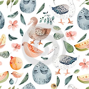 A charming watercolor pattern featuring ducks, watermelon slices, and flowers