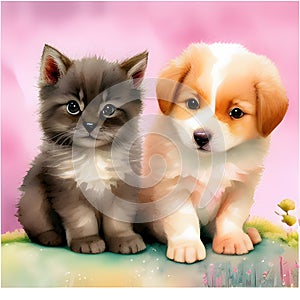 Charming Watercolor Pets - Puppy and Kitten. AI Generated