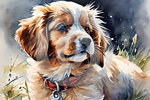 Charming watercolor portrait of a fluffy puppy with a red collar, surrounded by wildflowers, evoking a sense of innocence