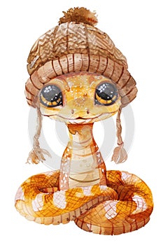 A charming watercolor snake with large, endearing eyes