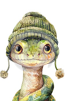 A charming watercolor snake with large, endearing eyes photo