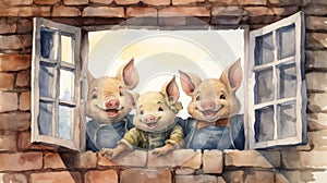 Charming Watercolour Illustration: Three Little Pigs In A Farmhouse Window