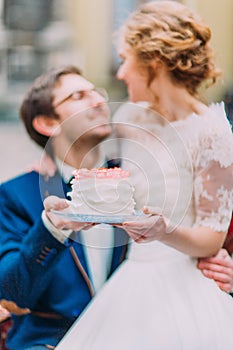 Charming wedding couple holding their wedding cake close up