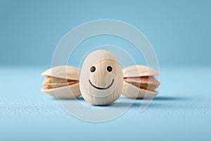 creative smiley face pistachio with open shells on blue background symbolizing positivity and healthy snacking photo