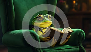 Adorable Frog in Glasses Reading a Book - Charming Stock Image photo