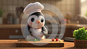 Cute Chef Penguin Cooking in the Kitchen