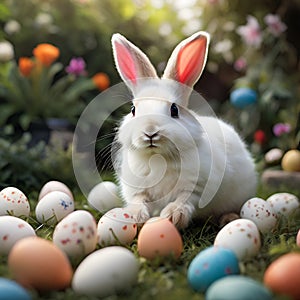 A charming white bunny with large, attentive ears sits amidst colorful . Ai-Generated Images
