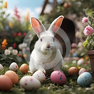 A charming white bunny with large, attentive ears sits amidst colorful . Ai-Generated Images