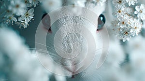 A charming white bunny snuggled up in a bed of white flowers