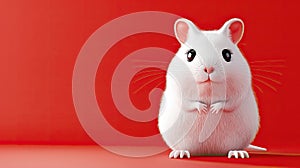 A charming white mouse against a vibrant red background.