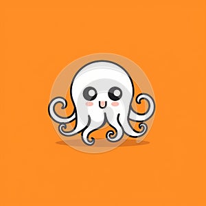 Charming White Octopus Cartoon On Orange Background - Minimalist Oshare Kei Design