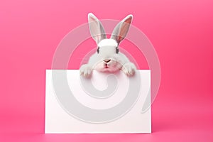 a charming white rabbit holds in its paws a white sheet of paper with a place for text,on a monochrome bright pink background,a