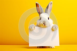 a charming white rabbit holds in its paws a white sheet of paper with a place for text,on a plain yellow background,a mockup for