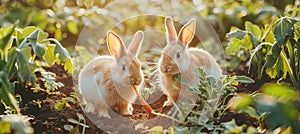 Charming white rabbits happily nibbling on carrots in a picturesque garden scene