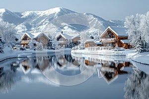 A charming winter scene in Avon, Colorado, showcasing snow-capped mountains and cozy cabins photo