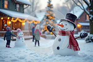 Winter holiday cheer: snowman family fun in festive neighborhood setting. AI generation photo