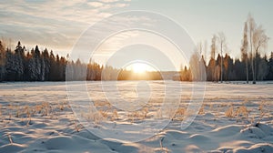 Charming Winter Scene: Sun Setting Behind Snow Covered Field In Rural Finland