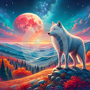 A charming wolf on a hill, with breathtaking view arounds, at autumn night, starry sky, red moon, dreamy, flower, painting art