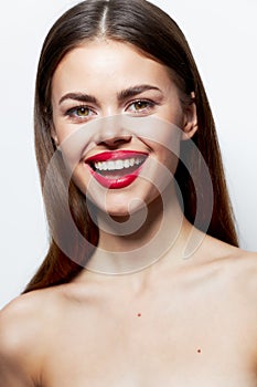 Charming woman Clear skin smile red lips fun spa treatments